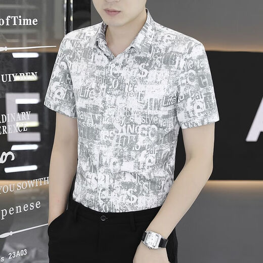 罗蒙夏季新款港风时尚潮流男士数码短袖衬衫印花薄款衬衣小众上衣 7029黑色 M  95-110斤