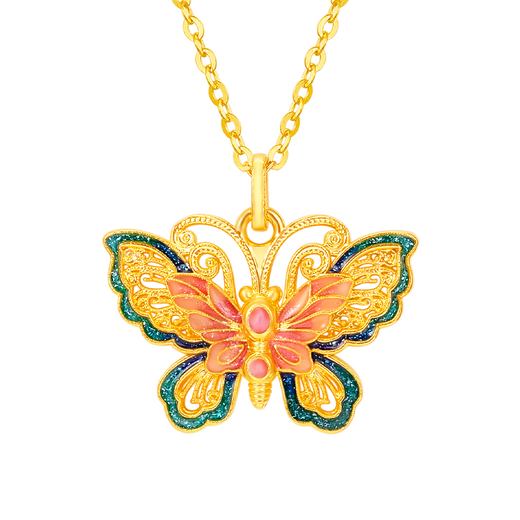 Mingzuan International 18k gold butterfly pendant women's lacquered au750 enamel pendant new Chinese style neckband as a birthday gift for girlfriend