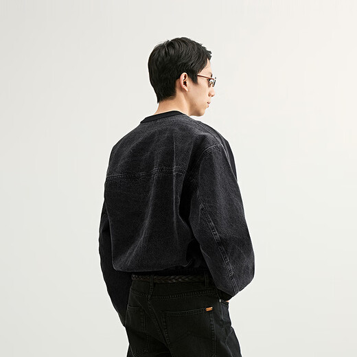 Sketch Men's 2025 Spring New Arrival Top Denim Spliced Pullover Sweatshirt Loose Long Sleeve American Casual 9P1412310 001 Black S