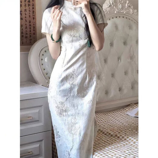 Xianxiu mejorado Cheongsam 2025 Temperamento de verano Vestido blanco Estilo nacional 831 Chiffon verde S