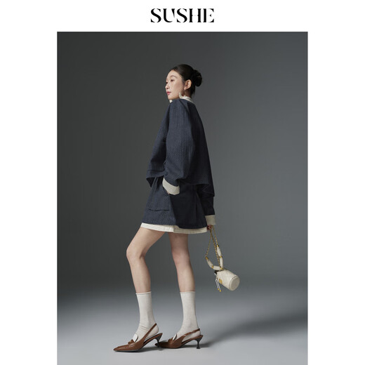 SUSHE Xunting retro movie-like cotton and linen stitching contrasting plaid jacket A-line skirt suit for women spring Qingming blue-skirt M