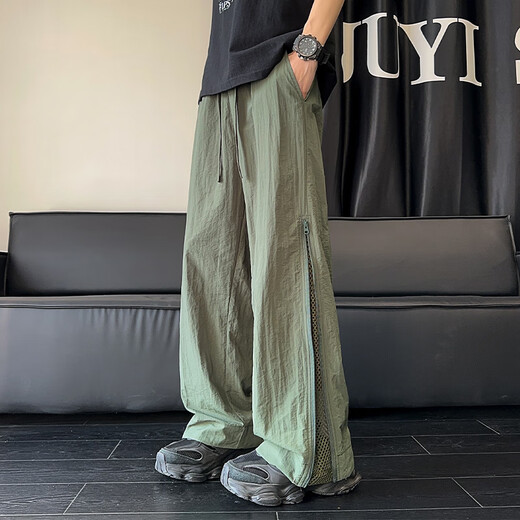 NYING美式网眼透气裤子男25夏季新款高街潮牌运动速干休闲裤宽松阔腿裤 黑色 XL （130-150斤）