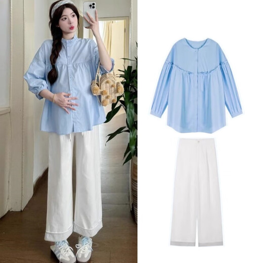 
Ranqi Mommy Pregnant Women's Set Summer 2025 New Loose Casual Belly Belly Covering Variety Collar Doll Shirt Wide Leg Pants Two-piece Set White Shirt (Single) L