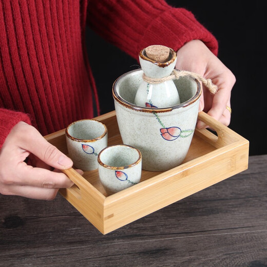 Retro old-fashioned ceramic sake pot, wine cup, wine warmer set, household wine divider, white wine cup, spirit cup with tray, Pinlian 6 two pots with 6 cups + wine warmer + tray. Collect