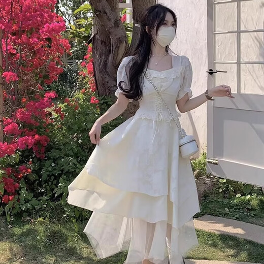 简拉熊连衣裙女法式短袖温柔风蓬蓬裙收腰显瘦海边度假仙女气质蛋糕长裙 法式连衣裙L码【100-110斤】