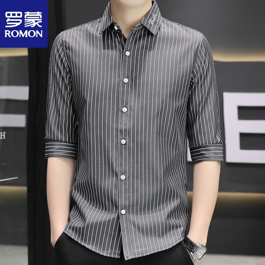 Romon Summer Summer Silk Quarter manga Camisa de la manga de la altura corta de manga corta para hombres Camisa de hombres delgada