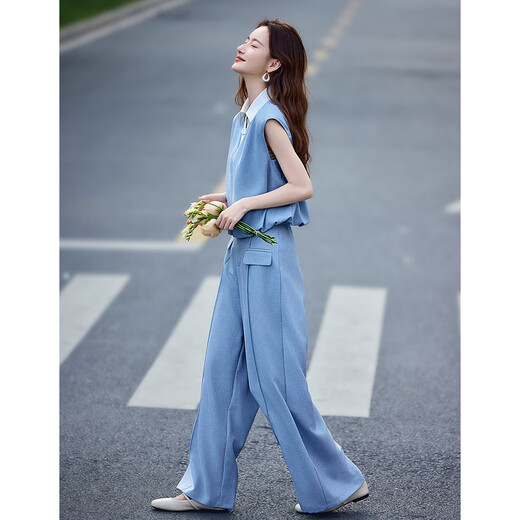 尚静休闲套装女夏季新款女装拼接撞色翻领衬衣高腰直筒裤宽松两件套女