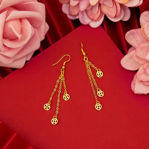 Vietnamese sand money coin tassel earrings earrings brass gold-plated women's fashion long coin hook earrings earrings a pair of coin tassel earrings