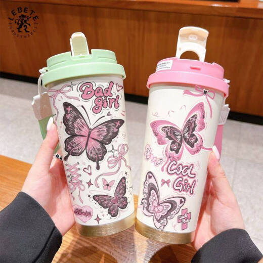 咏幻蝴蝶保温杯不锈钢大容量吸管便携水杯子女生2025高颜值咖啡杯 古董白bxad6198蝴蝶520ml-配挂 不锈钢