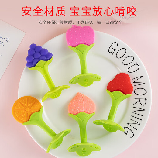 Baby teeth grinding rod three-dimensional fruit teeth glue baby silicone bite Le newborn teeth grinder comfort glue toy strawberry + apple + peach + orange + grape [bag food grade silicone - fruit teeth glue sheet