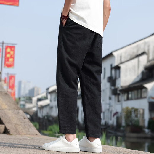 月伊纺夏季新款亚麻休闲裤男士潮流百搭九分裤子新中式中国风男装哈伦裤 灰色 薄款 -卡码拍大 3XL