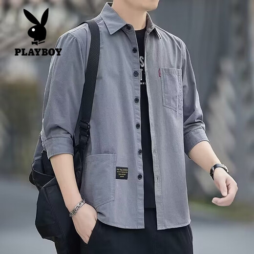 花花公子（PLAYBOY）纯棉七分袖衬衫男夏季薄款高端中袖衬衣男士休闲短袖t恤男款外套 A702绿色（七分袖衬衫） M