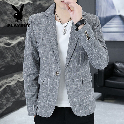 Playboy (PLAYBOY) Plaid Suit Men's Korean Style Trendy Handsome Casual Jacket New Spring Korean Style Personalized Small Suit Outer Clothes XF8815 Dark Gray L (105-120Jin Jin equals 0.5 kg)