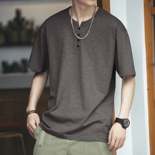 JEEP SPIRIT genuine Jeep high-end short-sleeved men's retro bamboo cotton t-shirt men's summer trendy brand Henry shirt Ami khaki versatile BN307 sapphire blue T-shirt L size suitable for 130-145 Jin Jin equals 0.5 kg