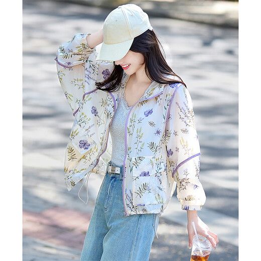 尚静法式浪漫印花轻薄微透遮阳外套25年夏新时尚宽松女 紫色  M 
