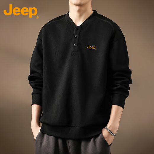 Jeep (JEEP) sweatshirt men's spring and autumn long-sleeved casual bottoming shirt Henry collar loose top T-shirt men's black 4XL