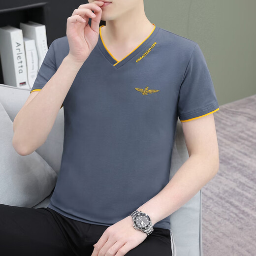 Fat Donglai Summer New Neck Herren-Kurzärmel-Hemd Trendy vielseitig dünne, lässige Baumwolle halbärmelte Top Body-Slimm-Hemd Dunkelgrau QY693 M [95-115jin [Jin gleich 0,5 kg]]