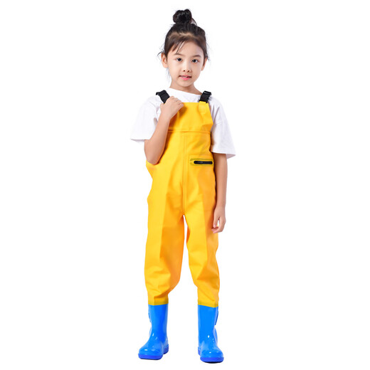 LISM children's water play one-piece waders, kindergarten waterproof clothes, sea fishing equipment, men's and women's fishing wading rain pants, beach, children's yellow overalls (replace with new ones if leaking), size M 22 (shoe inner length 13c)