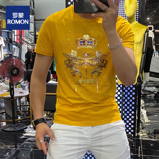 罗蒙（ROMON）t恤男士短袖男2025夏季欧货新款字母T恤上衣简约修身潮圆领半袖男 733烫钻菊帽子黄色 M