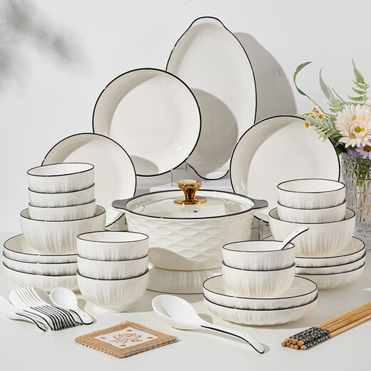 Kangqin Vertical Pattern Simple Ceramic Dishes Set Household High-Value Tableware Set Underglaze Colorful Ruixiang Tableware Set (First Choice for a Family of Three) Luxurious Food for 4 People 18 Heads