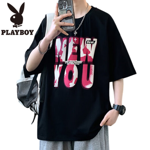 花花公子（PLAYBOY）发泡字母印花短袖男夏季休闲宽松五分半袖t恤男青少年情侣款体恤T LF5012黑色 M 约85~110斤可穿