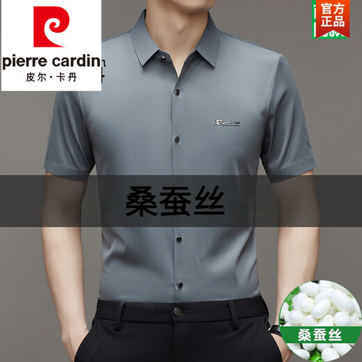 皮尔卡丹（pierre cardin）桑蚕丝短袖衬衫男士无痕免烫商务休闲衬衣中年时尚冰 丝衣服针织 9719藏青色 L 170120-135斤