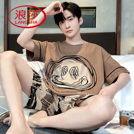 Langsha Summer Pyjamas Herren 2025 Neue Pure Cotton Short Sleeve Shorts Dünne Sommer-Teenager Full Cotton Home Clothing Set W9928 [reines Baumwoll-Kurzarm-Männer] l [100-130jin [Jin gleich 0,5 kg]]]