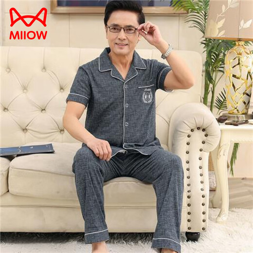 
Catman (MiiOW) Middle-aged dad pajamas men's summer short-sleeved trousers 100 pure cotton suit for the elderly to add fat and larger size thin style 698 L (recommended 110-130 Jin [Jin equals 0.5 kg])
