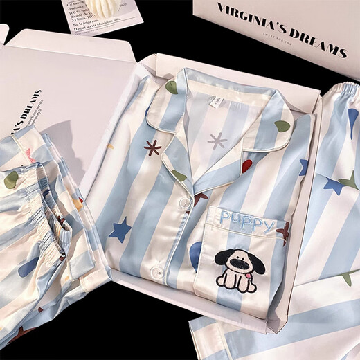 Internet-Promi Big Nase Dog Damen Ice Seide Pyjamas Sommer Dünne kurzärmelige Hose dreiteilige Dopamin gestreift