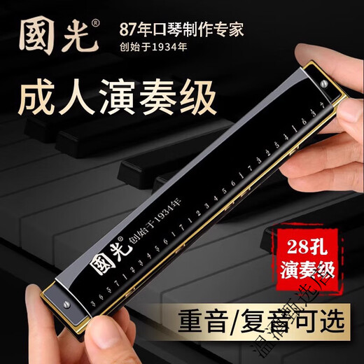 Guoguang Mundharmonica 24/28 Loch Polyphonische C-Tune-Akzentanfänger professionelle Performance Level Herren-Orgelinstrument für Männer [National Dream Series] Athens Black Competition Level-Polyphonische 24 Loch + Selbststudiengeschenkpackung