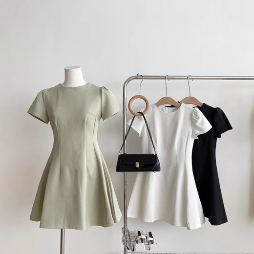 
ZIPJBX short-sleeved dress with small fragrance style waist-hugging and slimming A-line skirt-feeling temperament women's clothing Black #1283 2XL