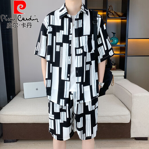 皮尔卡丹（pierre cardin）夏季冰丝短袖衬衫套装男士休闲运动沙滩半袖衬衣搭配短裤一整套潮 679黑色套装 4XL 175-190斤