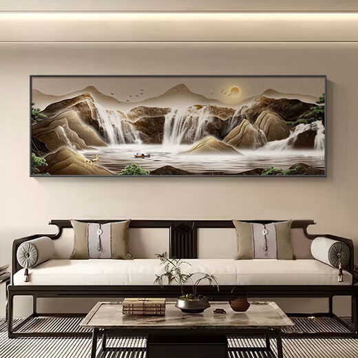 The weekend island flows water and makes money, landscape and living room decoration paintings, new Chinese sofa background wall hanging paintings, atmospheric treasure pot murals, Baojuling Mountain 18060cm*1 cm, black aluminum alloy frame + oil canvas