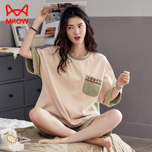 MiiOW Pajamas for Women Summer Pure Cotton Cute Short-Sleeved Thin Two-piece Suit Korean Style Fashionable Spring and Summer Can Be Weared Outside Home Clothes Marching Green Y687 M (Recommended 75-95Jin Jin is equal to 0.5kg)