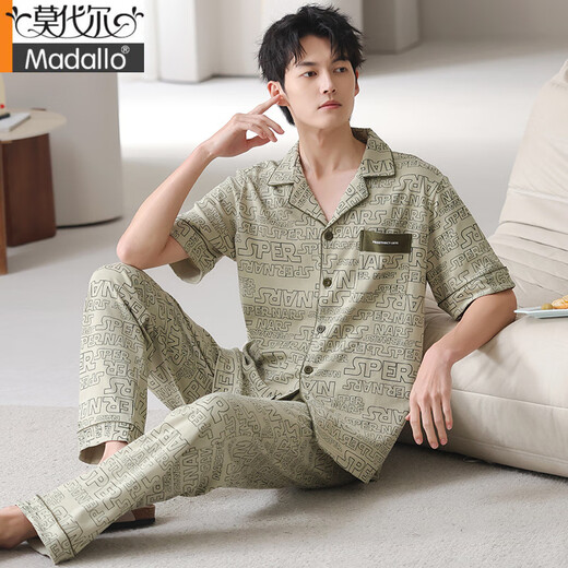 Modal pajamas men's summer pure cotton 2025 new middle-aged short-sleeved trousers loose large size simple home clothing set NSN-9856 gray and blue pockets covered with pattern Cardigan L