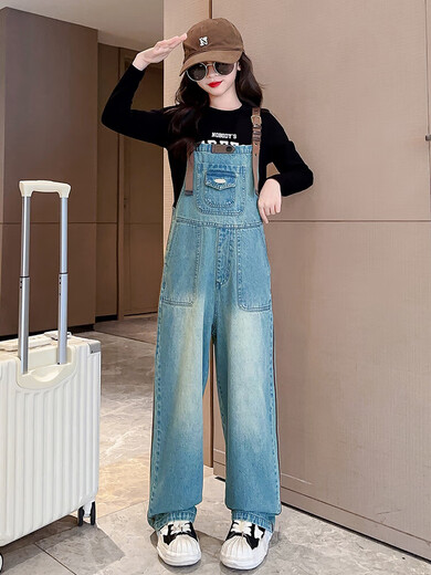 Jiaojing children's clothing girls denim overalls girls sports and casual long trousers spring and autumn clothes Korean loose trend retro overalls 120 size recommended height 105-115CM