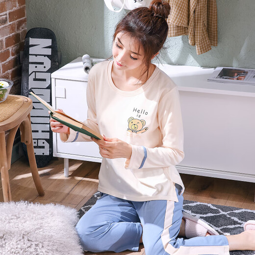 MUJI COM Everyday Spring and Autumn Pajamas Women's Autumn Long Sleeve Autumn and Winter Set Korean Fresh Student Home Summer YS Orange GXT9928 M (75-95Jin [Jin equals 0.5 kg] Comfortable/skin-friendly/breathable)