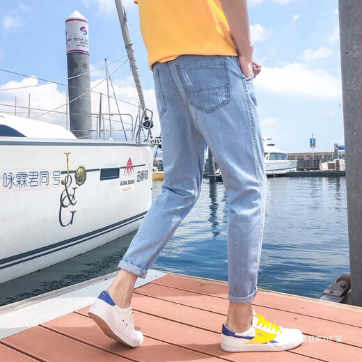 COLORFUL GEMS浅色九分破洞牛仔裤男夏季薄款直筒宽松潮牌裤子广州十三行 682 M
