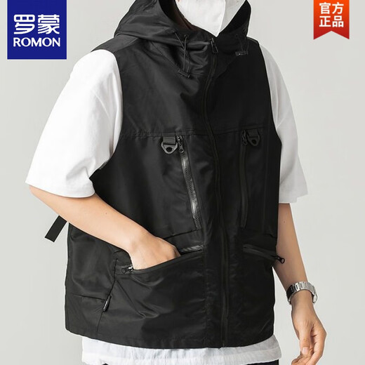 
ROMON 2025 summer new multi-pocket hooded men's vest men's Japanese loose work vest casual and versatile trend black [higher quality than peers] fast shipping XL recommendation [130-150Jin [Jin equals 0.5 kg]]