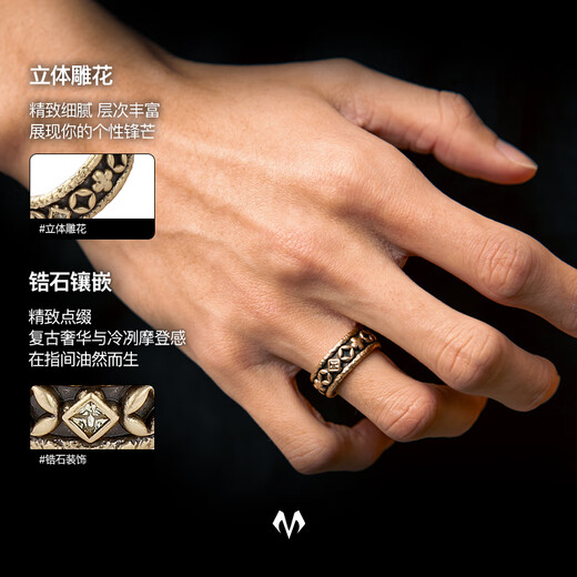 BABAMA Wuxing Series Rich Flower Double Flower Ring Men's Retro Old Copper Plated Platinum Ring Couple's Same Style Birthday Gift Ancient Gold Men's Style 59mm
