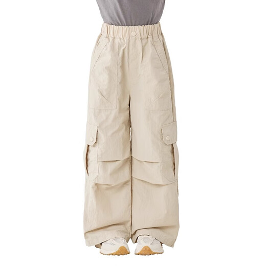 
moonkids girls' pants 2025 new summer fast-drying work pants children's multi-pocket paratrooper pants outdoor mountain wide-leg pants two-pair 15265 apricot color + 15261 military green 140 cm