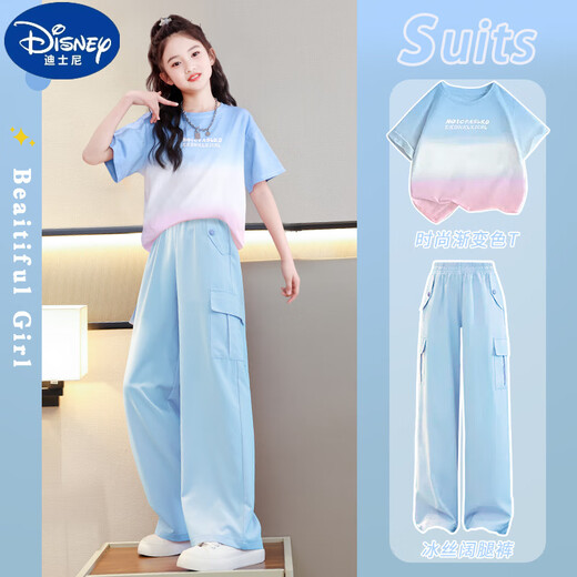 Disney Girls Suit Summer 2025 Nouveau pantalon de travail à manches courtes pour enfants à la mode à la mode en deux pièces en deux pièces 19150 Purple 15265 Couleur d'abricot 120 cm