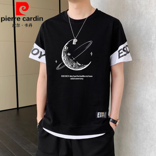 皮尔卡丹（pierre cardin）纯棉短袖t恤男夏季潮牌薄款圆领半袖体恤青少年潮流假两件上衣服 9196白色 L (约105~120斤可穿)