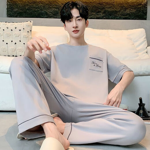 莫代尔纯棉男士睡衣夏季全棉短袖长裤春秋薄款可外穿大码家居服套装 纯棉男士睡衣13077# L [建议体重:100-130斤]