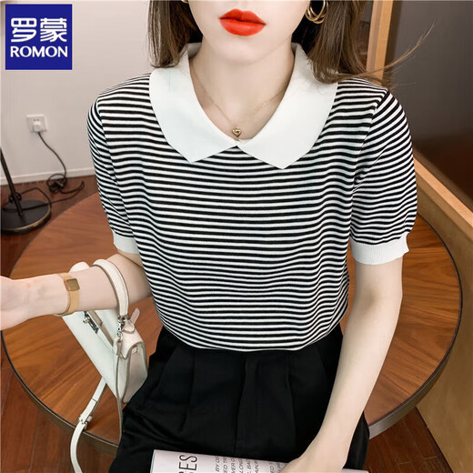 Romon striped doll collar short-sleeved T-shirt for women 2025 summer new ice silk sweater thin small age-reducing top DX691# yellow M Recommended 100-120Jin [Jin equals 0.5 kg]