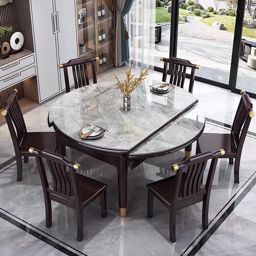 
Youkaji new Chinese rock slab solid wood dining table retractable square and radius dual-purpose dining table MW-681# 1.5m+6 chairs