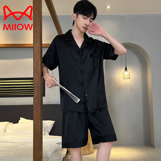 MiiOW pajamas men's summer ice-sleeved short-sleeved pants summer thin simulated silk boys' youth student home clothes set G542 L (height about 170 and weight-130Jin Jin is equal to 0.5 kg)
