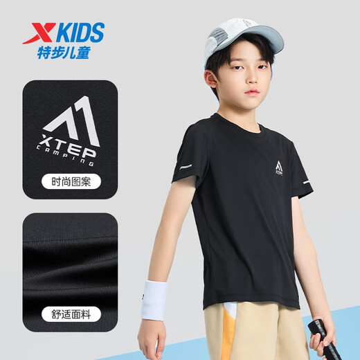 Xtep Kinder Sommer Kurzarm Pullover Kurztiere T-Medium Large Children Jungen Atmungsfreie Komfort Sport und lässige T-Shirts Echtes Schwarz [9215] Einen Größe M 150