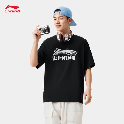 Li Ning quick-drying T-shirt丨Anti-bacterial cool round neck short-sleeved T-shirt men's summer outdoor printed casual loose sports top [pattern LOGO high elastic anti-wrinkle] Black 829-2 S
