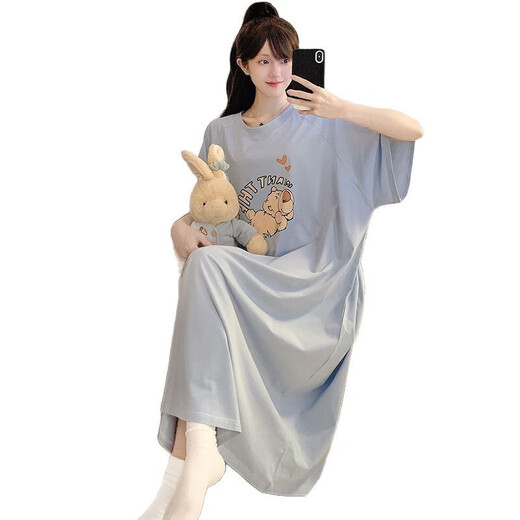 S.SOFEA夏季特大码睡衣宽松棉质短袖睡裙甜美卡通胖mm家居服 S1369#兰色 185 XXL